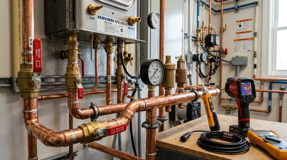 High-end residential plumbing infrastructure with precision copper piping, tankless water heater, and diagnostic equipment