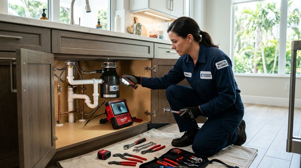 Professional licensed plumbing technician inspecting residential kitchen plumbing in Cape Coral Florida